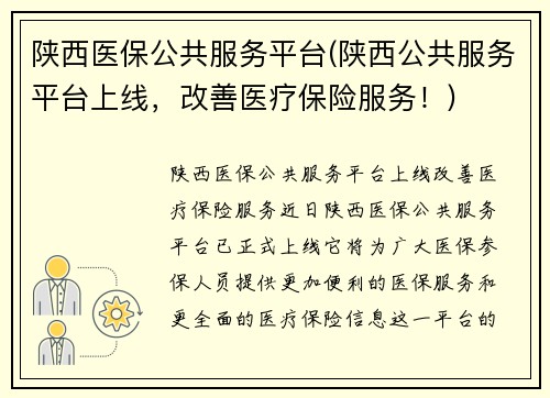 陕西医保公共服务平台(陕西公共服务平台上线，改善医疗保险服务！)